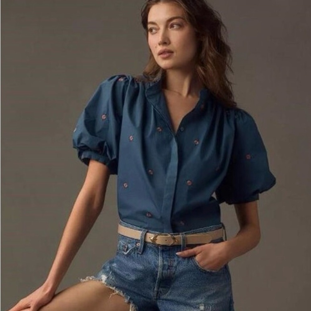 Mare Mare | Anthropologie | Teal Puff Sleeve Embroidered Blouse | Sz XXS